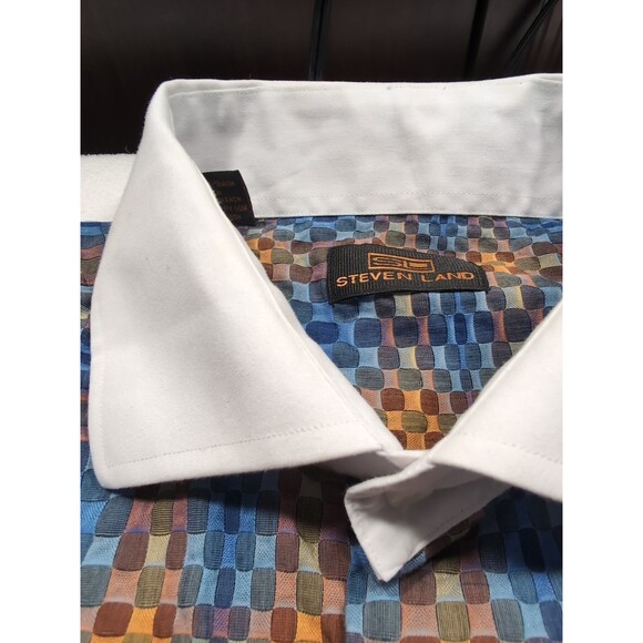 Steven Land Multicolor Square Geometric Pattern Dress Shirt 17 1/2 36/37 Tall - Picture 10 of 14